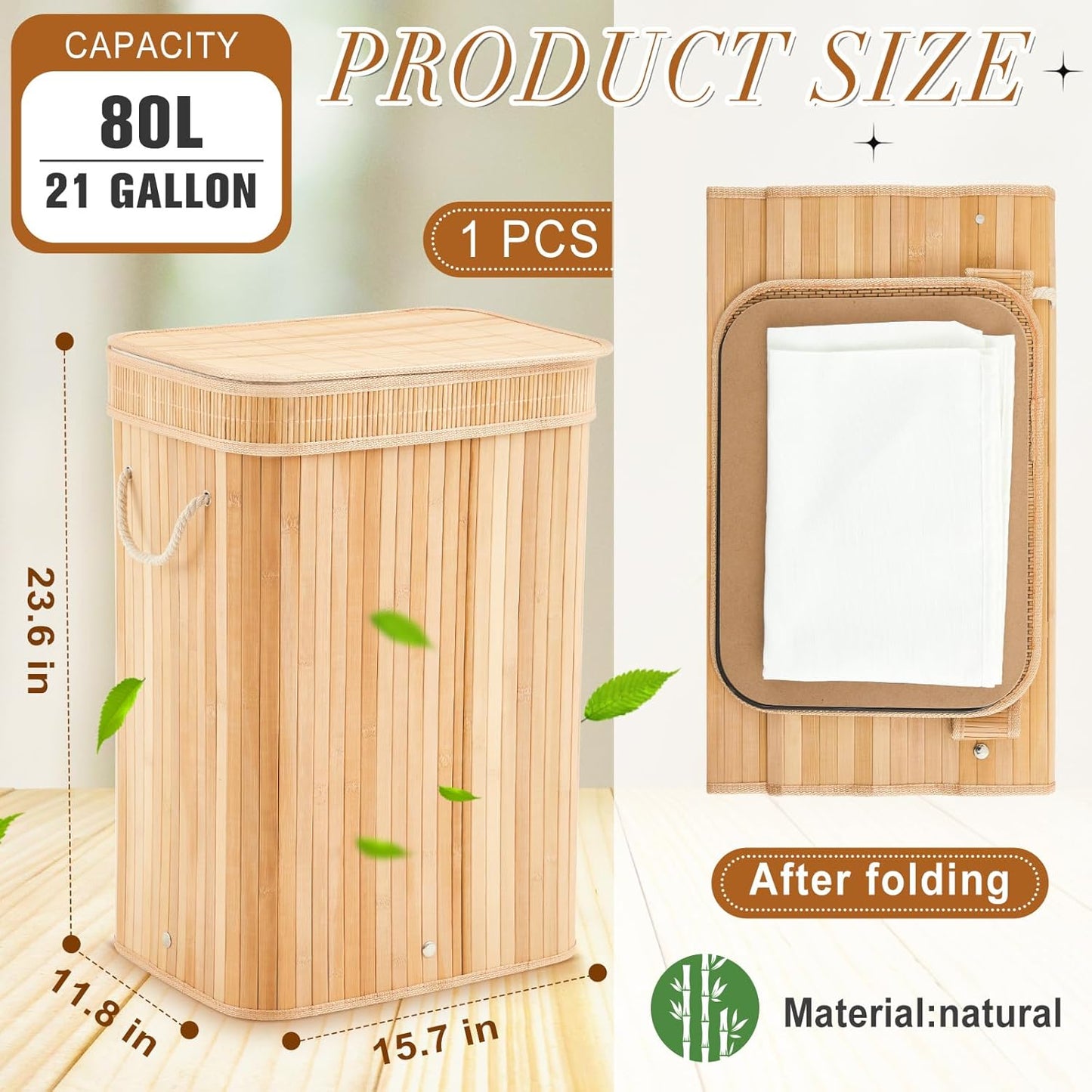 1 Pack Bamboo Slim Trash Can with Lid, 21 Gallon Large Foldable Slim Rectangular Garbage Can Bamboo Waste Basket for Bathroom Bedroom Office Home Salon Spa (23.6×15.8×11.8inches,Wooden Color)