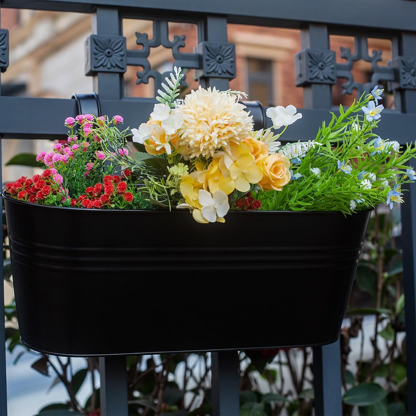 Balcony Planters 16 Inch Railing Hanging Metal Planters with Hooks for Outdoor Plants Flower Boxes for Fence Patio Deck 3 PCS(Black)