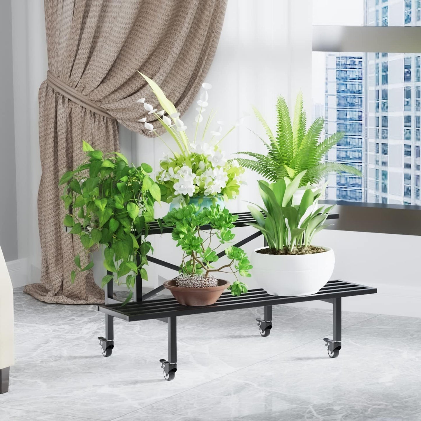 Zhongma 2 Tier Sturdy Metal Plant Stand with Wheels Heavy Duty Plant Holder for Home Indoor and Outdoor,L45.67 x W17.5 x H16.14 inch,440 LBS Capacity & Heavy Duty Construction