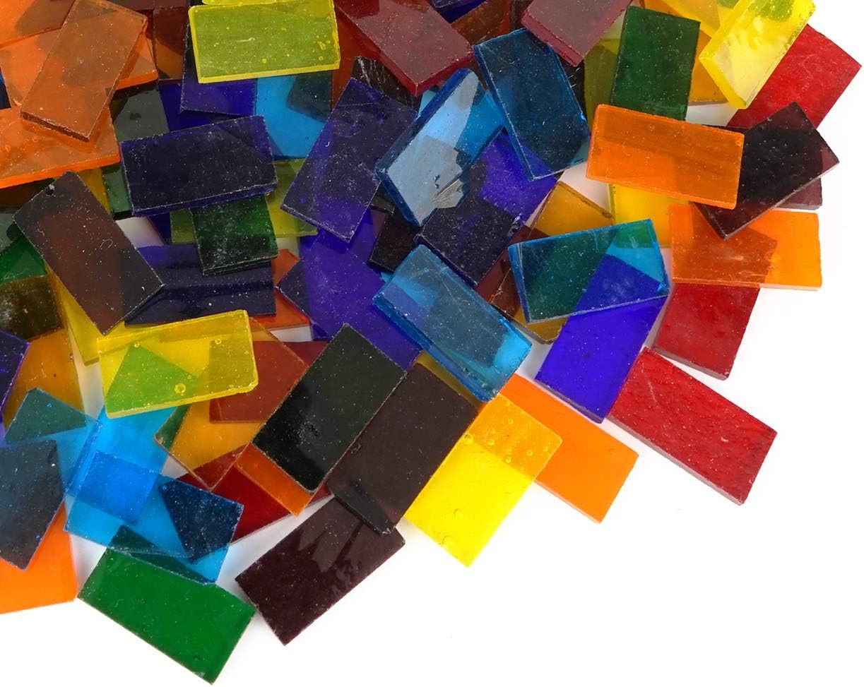 Lanyani 1.1-Pound Rectangle Transparent Glass Mosaic Tiles, Cathedral Stained Glass Sheets Pieces for Crafts, Assorted Colors