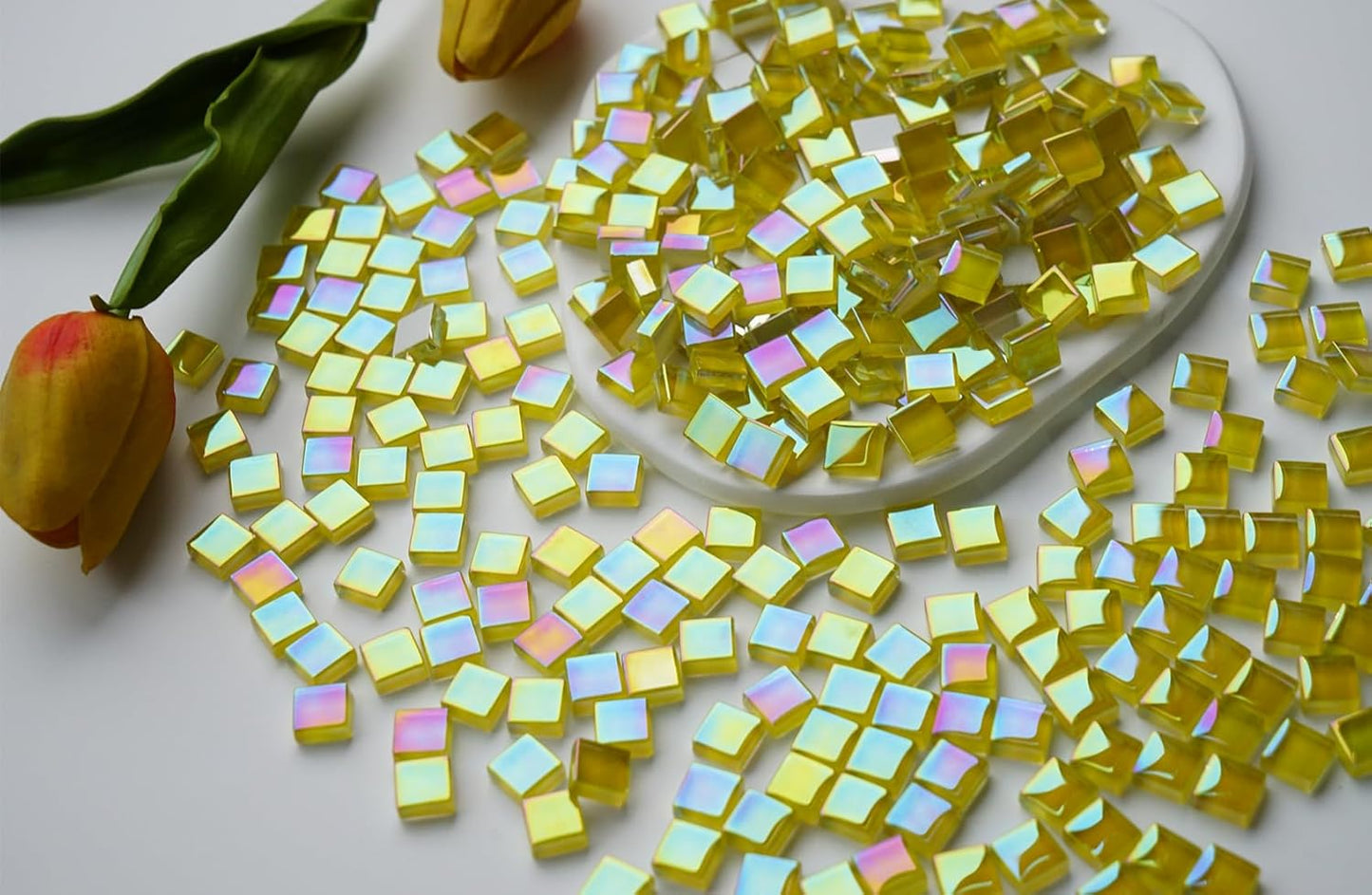 300G Iridescent Mosaic Tiles, 0.4 inches Square Mosaic Glass Pieces, Mini Tiles for Glass Projects, Great for Mosaic Craft, 335pcs Crisp Sunshine Yellow Mosaic Great for Art Supplies