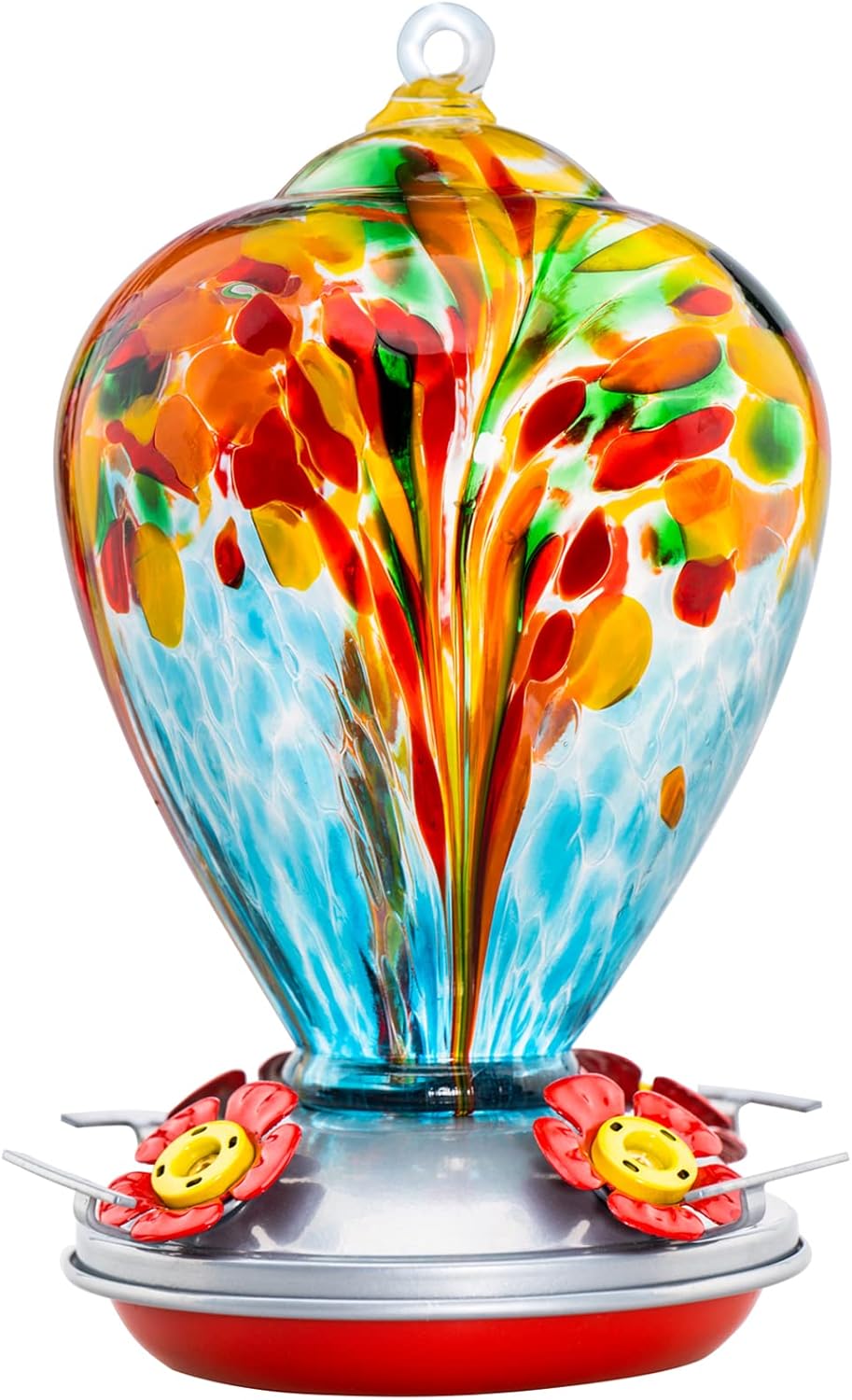Hummingbird Feeder, 34OZ Hand Blown Glass Hummingbird Feeders for Outdoors Hanging, 4 Feeding Perch with Ant Moat Leakproof, Garden Yard Decor Gifts for Women Mom (Holiday Balloon)
