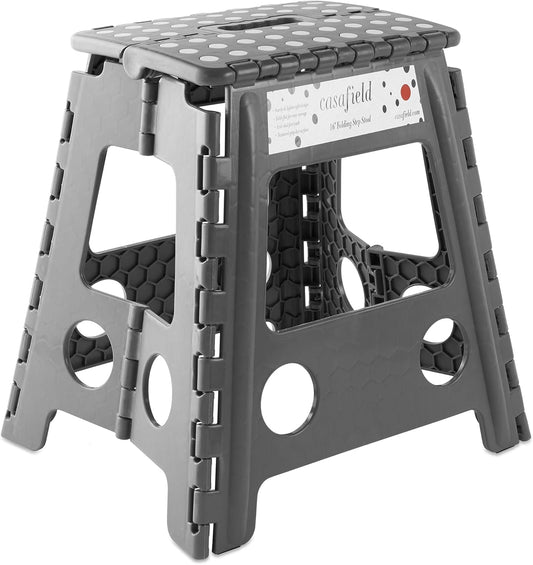 Casafield 16" Folding Step Stool with Handle, Gray - Portable Collapsible Small Plastic Foot Stool for Adults - Use in The Kitchen, Bathroom and Bedroom
