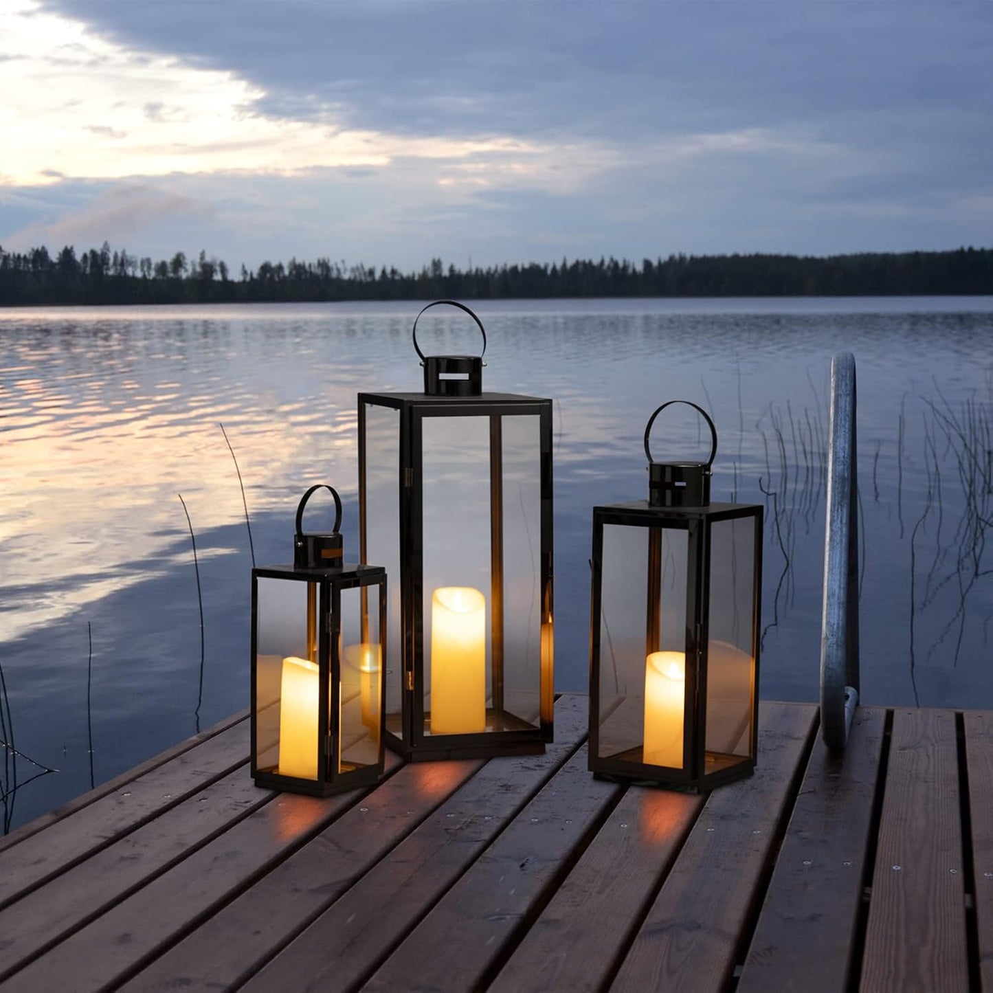 Matico Stainless Decorative Candle Lantern Set of 3, Hanging Decor Hurricane Lantern Candle Holder for Festival Ceremony Home Decor, Both Indoor & Outdoor Use, Black