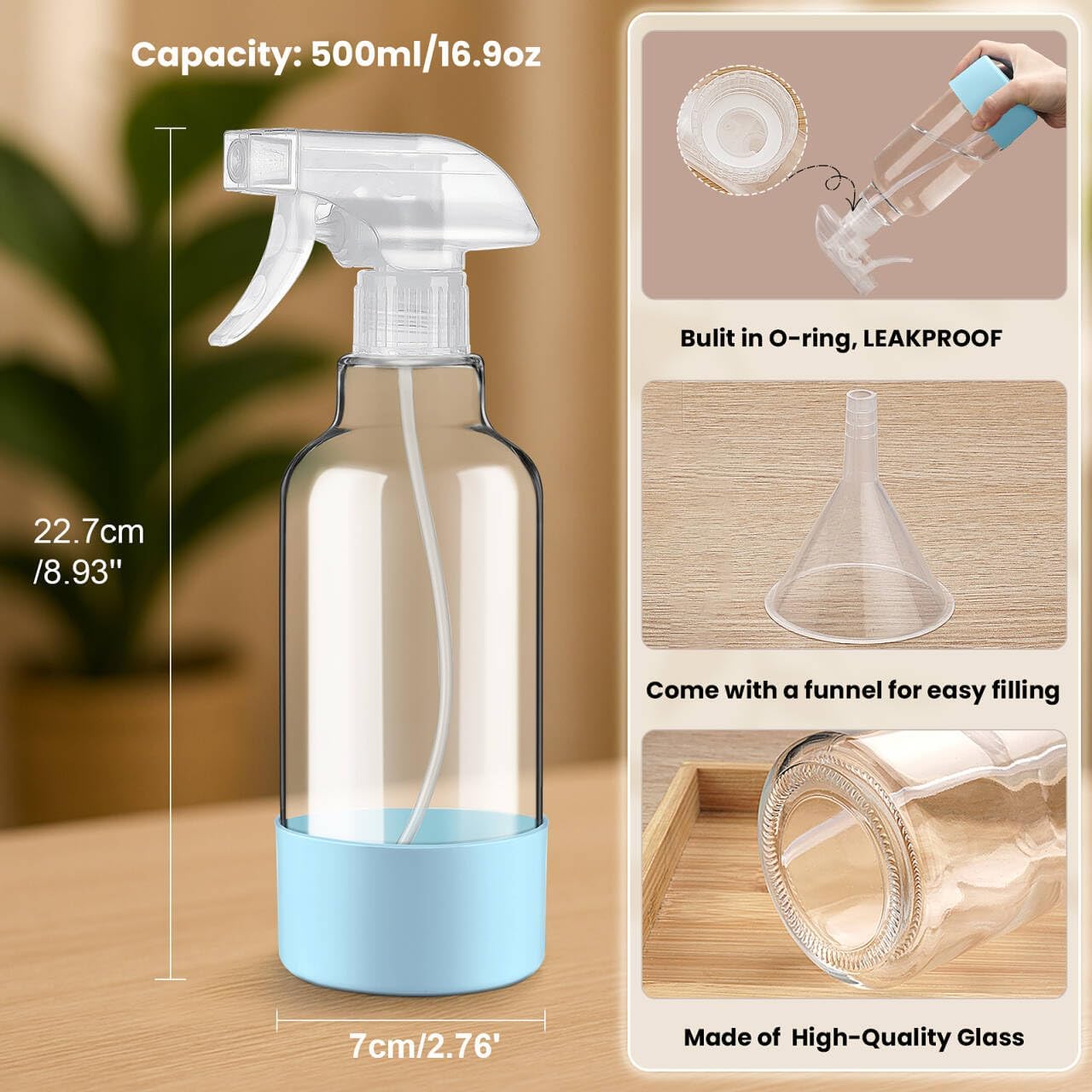 Glass Spray Bottles with Silicone Sleeve 16.9oz 2 Pack Empty Spray Bottle for Hair Mist/Stream Spraying for Cleaning Solutions, Plants, Essential Oils (clear-qblue&white)