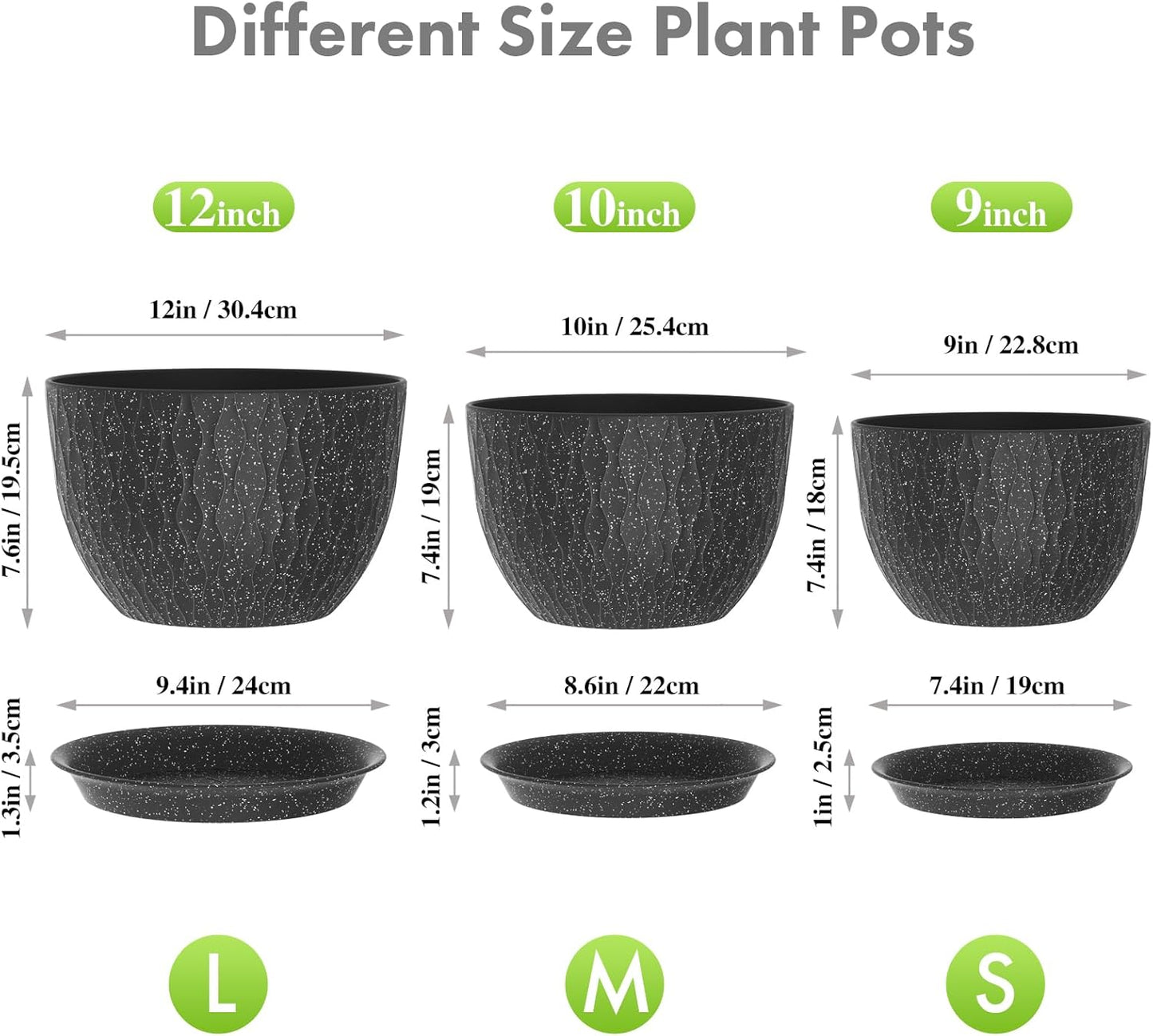 12/10/9 inch Large Flower Pots, 3 Set Big Plant Pots for Outdoor Indoor Plants with Water Ripples, Wide Plastic Planters with Drainage Holes and Saucers for Garden House Plants, Speckled Black