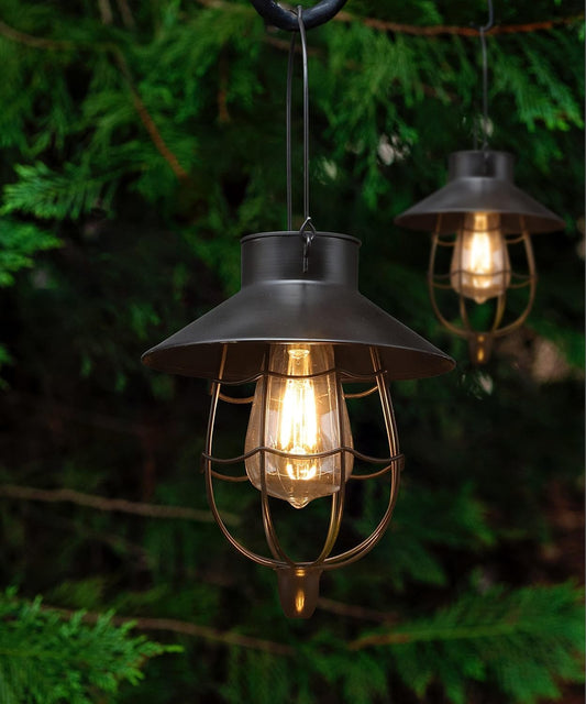 YAKii 2 Pack Solar Lantern Hanging Waterproof Outdoor Metal Solar Lamp with Warm White Light Decorate for Yard Garden Pathway Patio Porch Decor (Black)