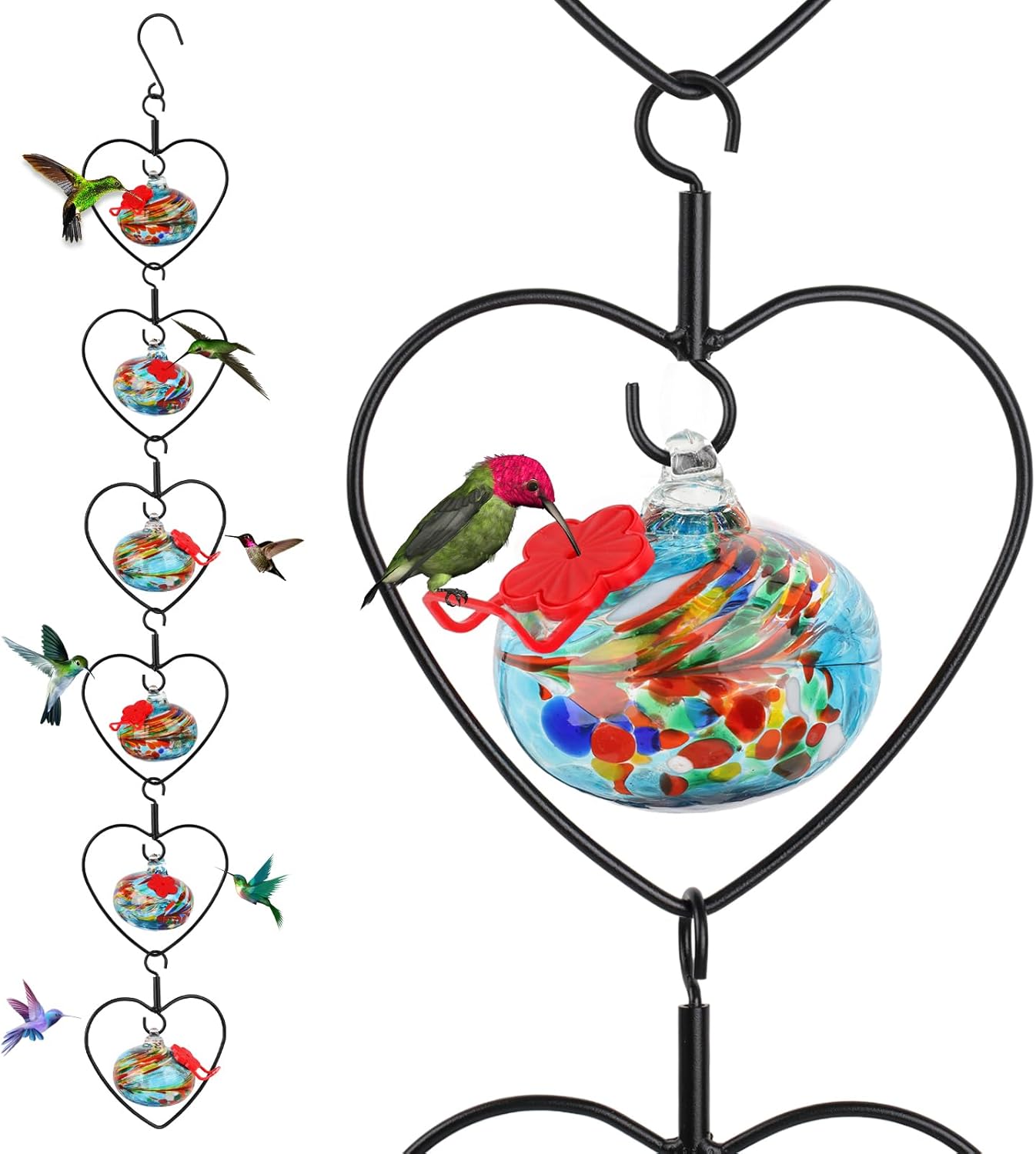 6 Pcs Heart-Shaped Hummingbird Feeder for Outdoors Hanging, Flexible Stackable Hand Blown Glass Humming Bird Feeders with 6 Adjustable Perch for Garden Tree Yard Patio Outdoors (Heart Shaped, Blue)