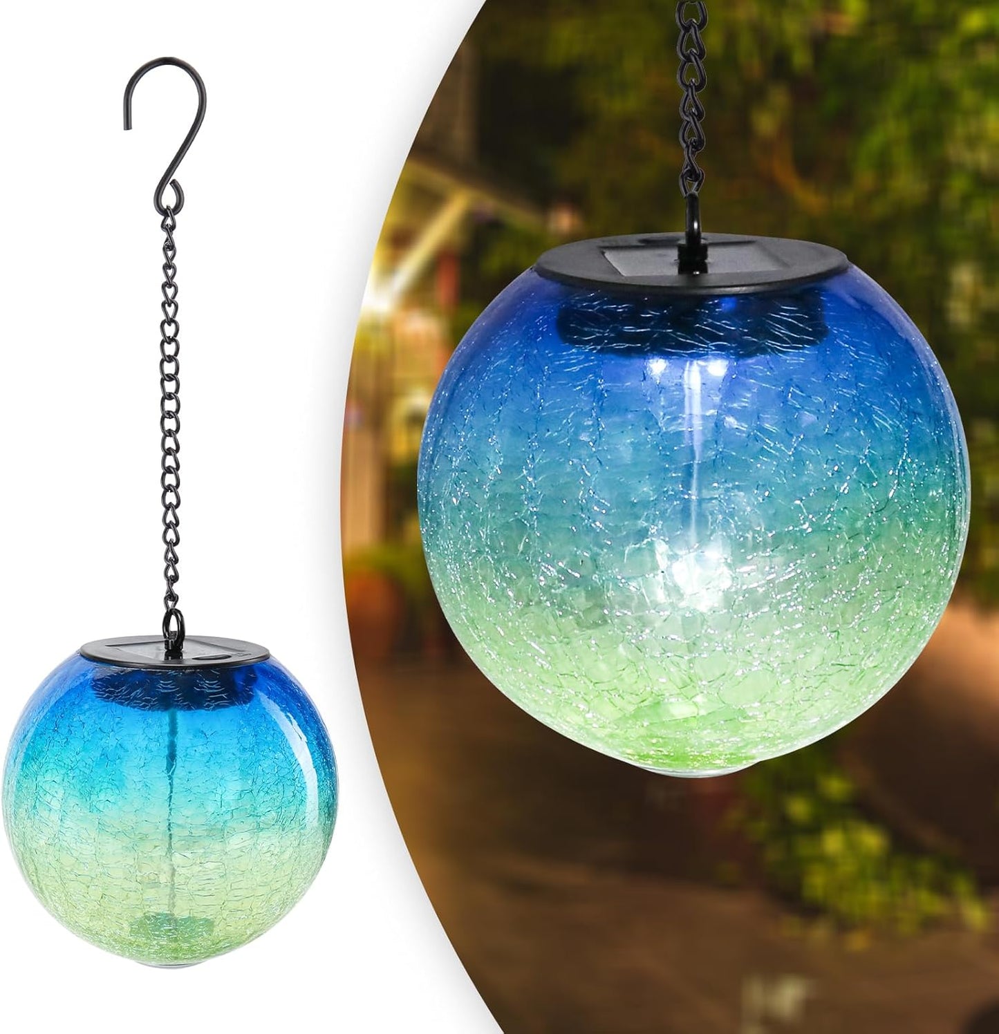 Hanging Solar Lights Outdoor Solar Lanterns Outdoor Decorative Cracked Glass Ball Lights Solar Powered Waterproof LED Globe Lantern for Outdoor Porch Patio Garden Decor Gift Blue&Green