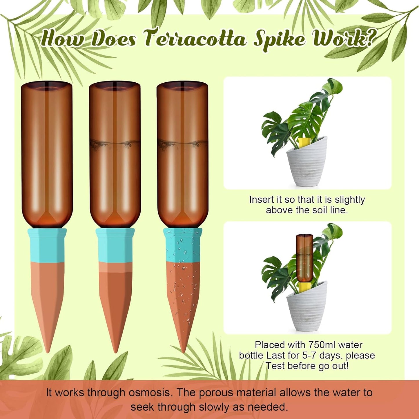 6 Sets Plant Watering Devices Include Terracotta Self Watering Spikes and 26 oz Plastic Bottles, Slow Release Vacation Insert Automatic Plant Waterer Device (Brown and Mixed Color)
