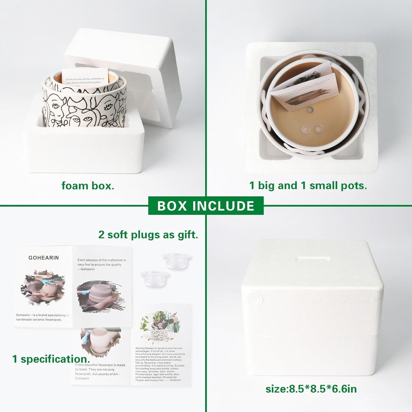 Docrin Plant Pots Indoor with Drainage : 6.6+5.4 Inch Ceramic Flower Pots for Plants - Set of 2 Modern Decorative Face Planters for House/Office/Gift - /Black and White