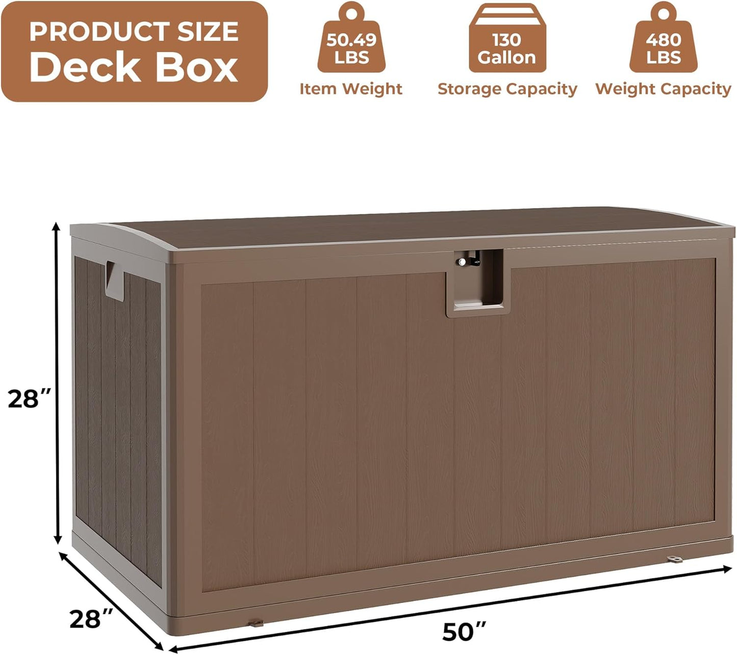 130Gallon Brown Resin Deck Box, Outdoor Storage Box Waterproof Lockable, Patio Deck Box For Package Delivery, Outside Storage Box Container for Furniture Cushions, Garden Tools, Pool Accessories