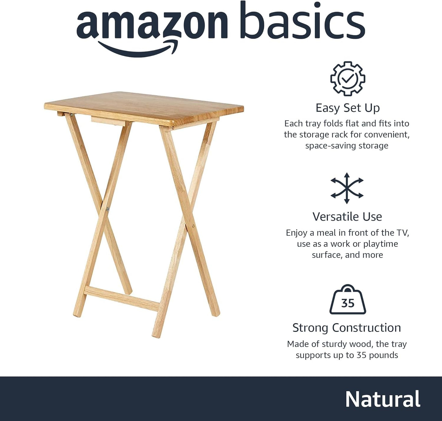 Amazon Basics Classic Foldable TV Dinner Tray Table with Storage Rack, 14.6 L x 19 W x 26 H inch, Natutral, 4-Pack