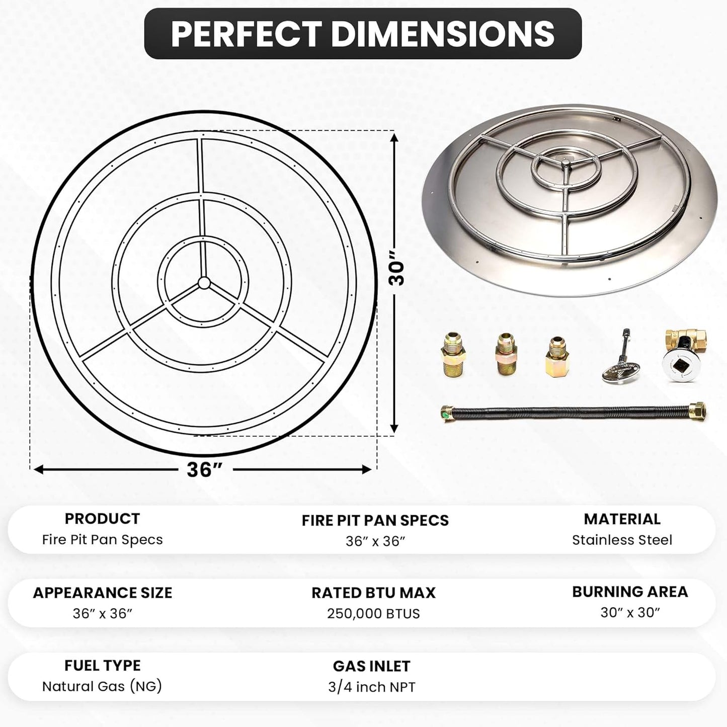 Fire Pit Burner Pan & Ring - Works with Natural Gas - Stainless Steel Fire Pit Burner Kit 36-Inch Pan, 30-Inch Ring - 250,000 BTU Max
