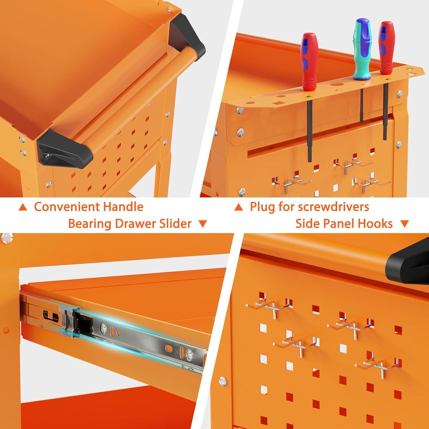 3-Tier Heavy Duty Utility Cart on Wheels, Rolling Tool Cart on Wheels with a Drawer, 350 Lbs Load Capacity Service Cart for Warehous, Garage and Repair Shop (Orange)