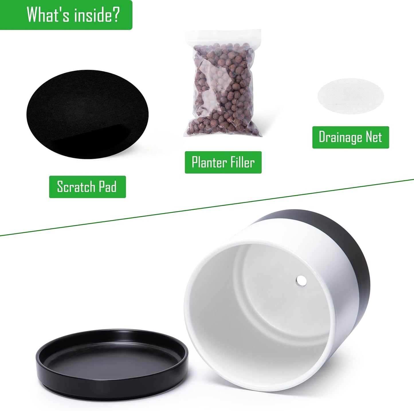 D'vine Dev 6.5 Inch Ceramic Planter Pot with Drainage Hole and Saucer, Indoor Cylinder Round Planter Pot, Layered Monochrome Black & White, 94-O-C-L