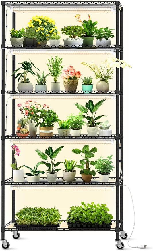 DIY Plant Shelf with Grow Lights, Grow Light Shelf with Adjustable Rack and Wheels, Plant Stand, 8-Pack 192W T8 3000K Full Spectrum Grow Lights for Seed Starting,Seed Tray(29.5L x 13.8W x70.9H)
