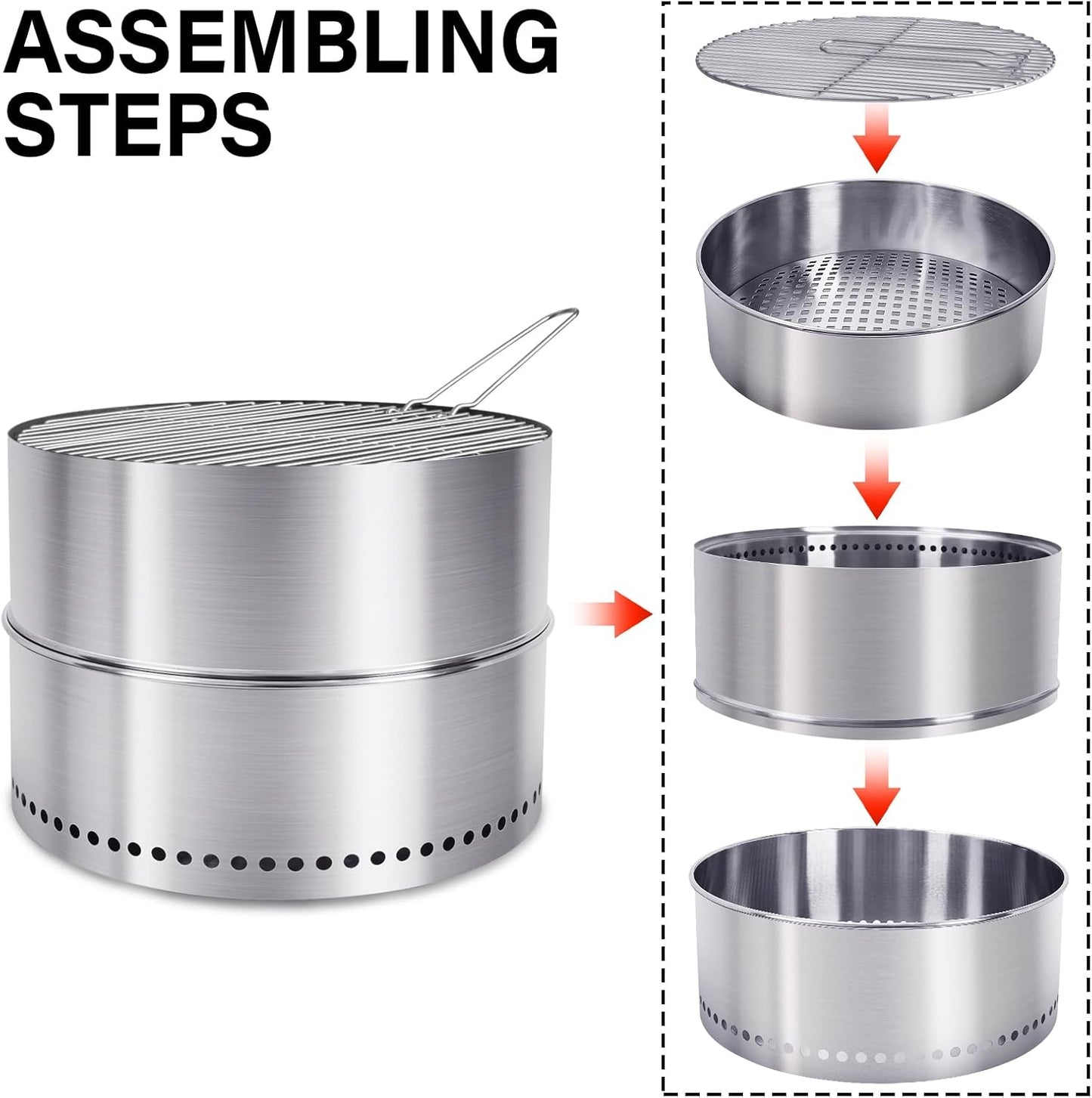 HGD 20 Inch Smokeless Firepit with Grill, Portable Wood Burning Fire Pit for Camping & Backyard, Stainless Steel Outdoor Fireplace with Travel Bag, Easy Setup & Compact Storage - Foldable Design