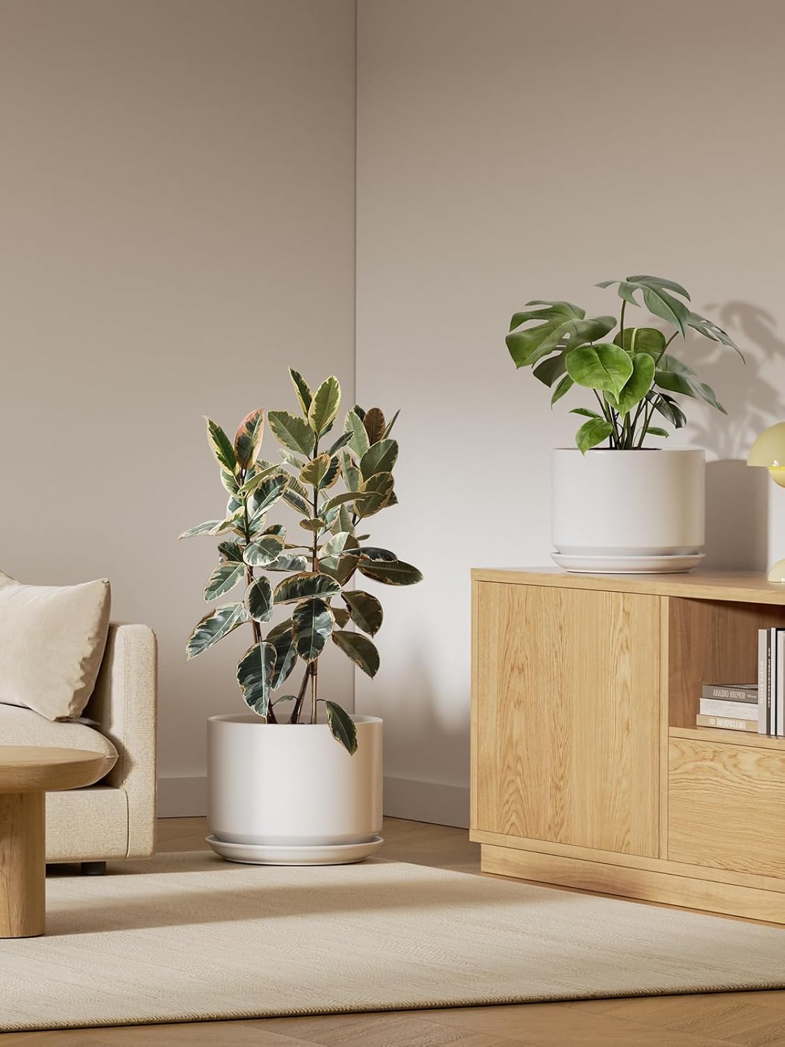 LE TAUCI Ceramic Pots for Plants, Set of 2, 10 + 12 Inch Plant Pot, Durable & Stylish Planters for Indoor Plants with Drainage Hole and Saucer, Elevate Your Home’s Aesthetic, White