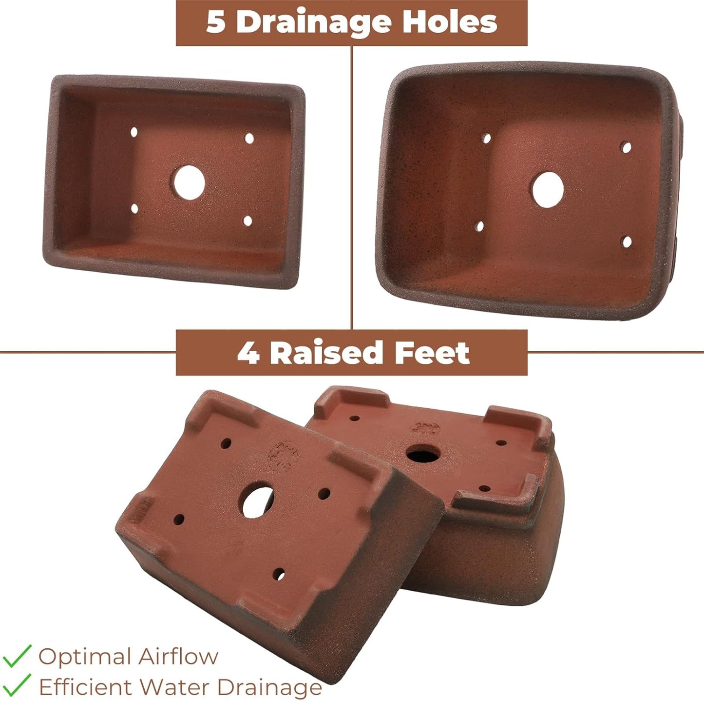 2 Pack Rectangle Bonsai Pots, 6" and 7" Bonsai Planter, Handmade Unglazed Ceramic Planters with 2 Match Humidity Trays 2 Drainage Mesh Pads, Bonsai Tree Training Kit for Garden Outdoor Indoor