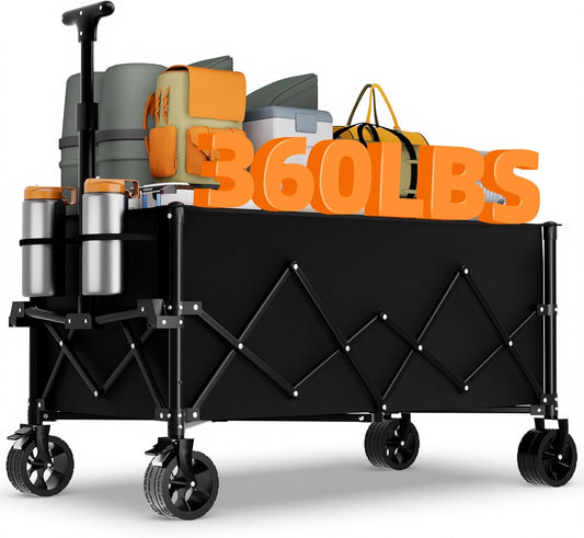 Favoyard Extra Large Collapsible Wagon Carts Foldable 220L & 360LBS Folding Wagons w/All-Terrain Wheels & Brakes Portable Utility Shopping Cart for Beach Grocery Sports Garden Camping Outdoor, Black