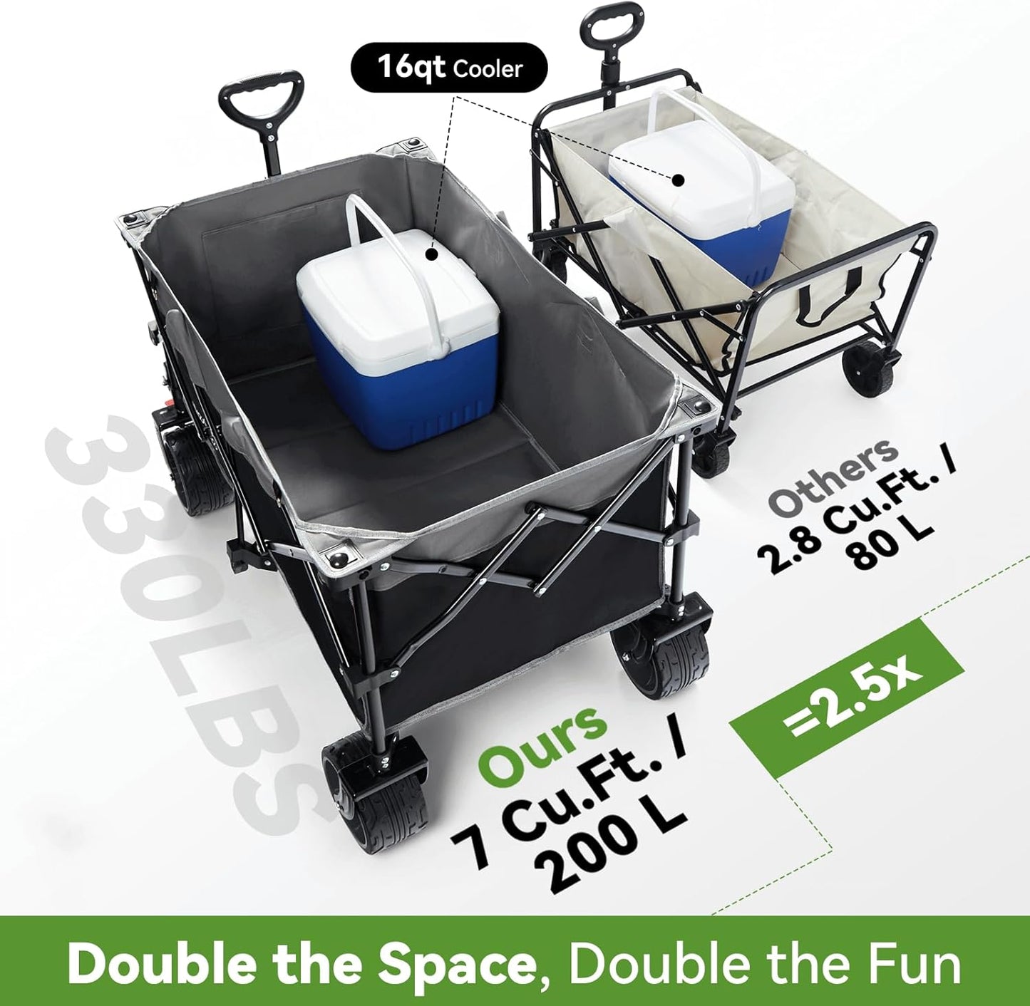 Hikenture Collapsible Wagon Cart, 330lbs Capacity Beach Wagons with Big Wheels for Sand, Heavy Duty Foldable Cart with Brakes, Portable Utility Folding Garden Cart for Outdoor