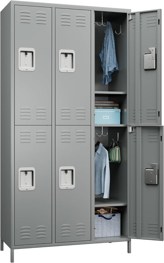 6 Doors Metal Lockers for Employees with 18 Hooks for Offices School Gyms Home,Assembly Required,Light Gray