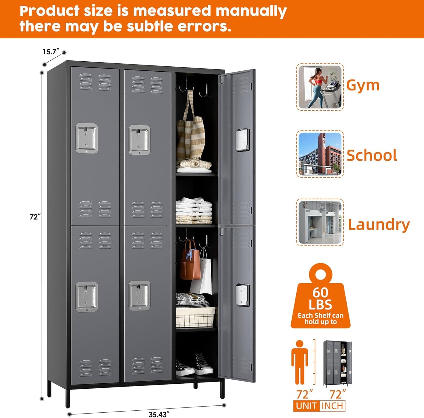6 Doors Metal Lockers for Employees with 18 Hooks for Offices School Gyms Home,Assembly Required,Black and Dark Gray