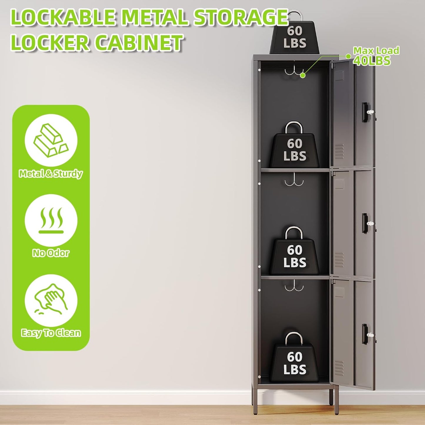 Metal Locker with Hooks and Ventilation Holes,Metal Storage Locker with Keys and Business Card Slot for Home,Gym,Garage,School,Office,66" H×15.75" W× 15.75" D,Assembly Required,Dark Grey