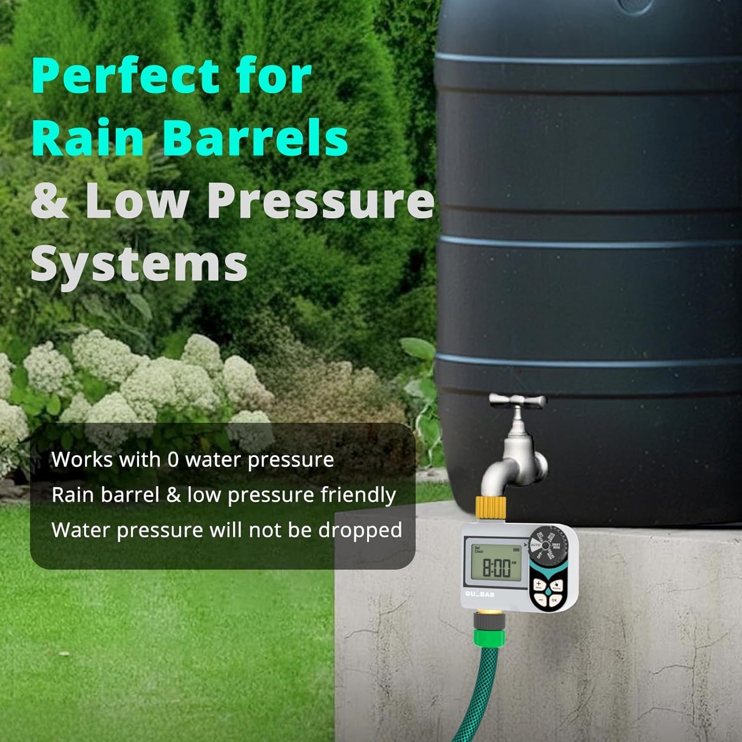 [2 Pack] QUOBAS Low Pressure Water Timer for Garden Hose, Automatic Sprinkler Timer with Brass Inlet & Outlet, Rain Delay/Manual Watering/Automatic Watering System for Yard, Lawn, and Rain Barrel