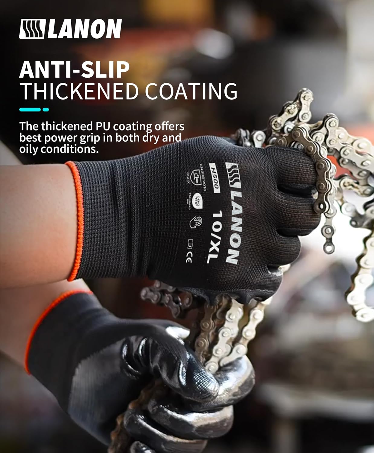 LANON Safety Work Gloves for Men and Women, 18 Pairs Mechanic Black Working Gloves with Grip Odorless PU Coated, Seamless Knit, Full Fingertip Touchscreen for Light Duty Working Gloves, Small