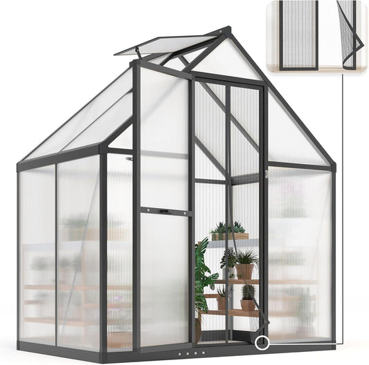 KING BIRD Greenhouse for Outdoors, 4x6 FT Polycarbonate Walk-in Green House, Quick-Setup Aluminum Frame UV Resistant Panel for Outside Garden Backyard W/ Lockable Screen Door, Vent, Black
