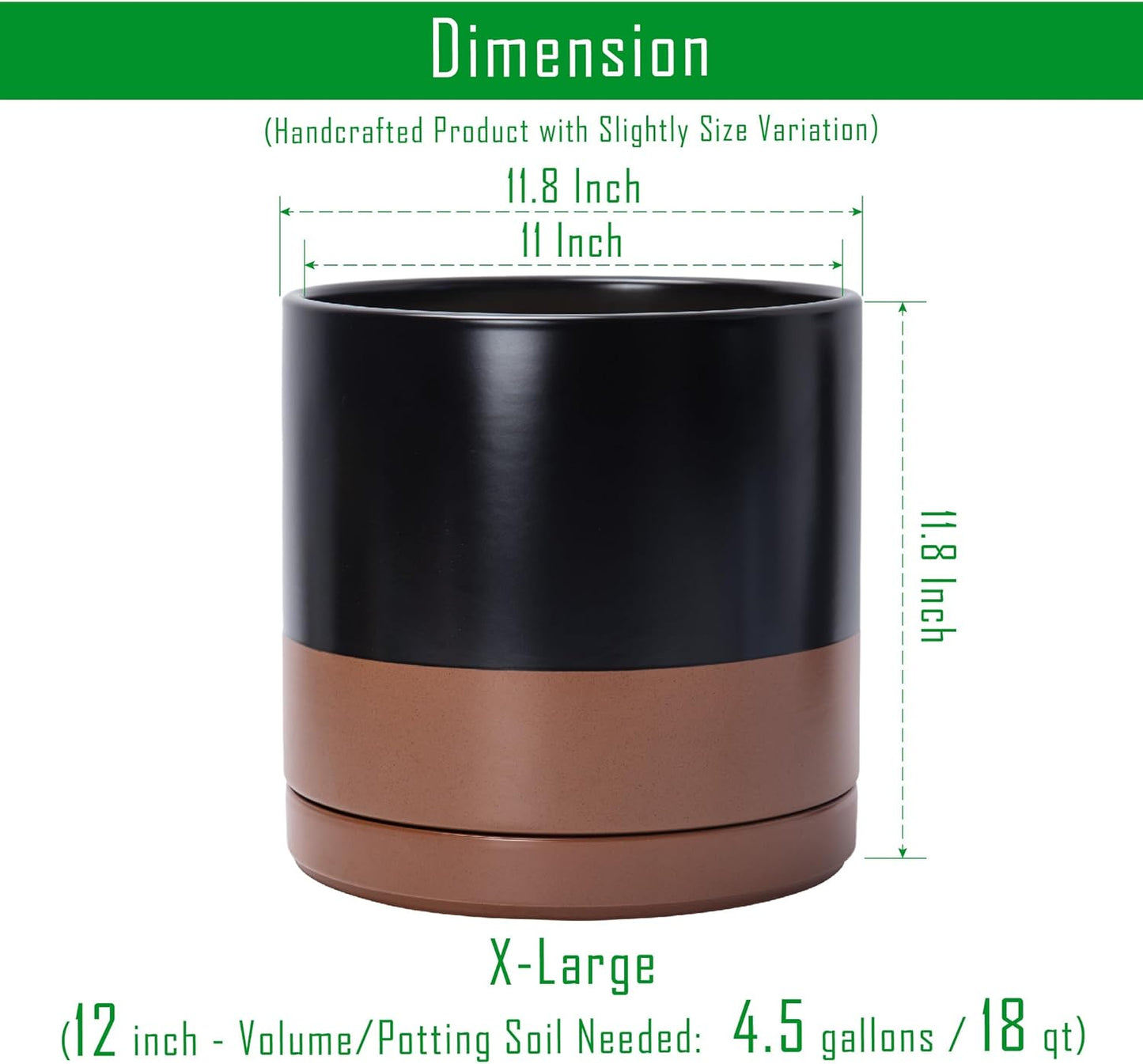 D'vine Dev 12 Inch Ceramic Planter Pot with Drainage Hole and Saucer, Indoor Cylinder Round Planter Pot, Black/Speckled Tan, 94-O-F-7