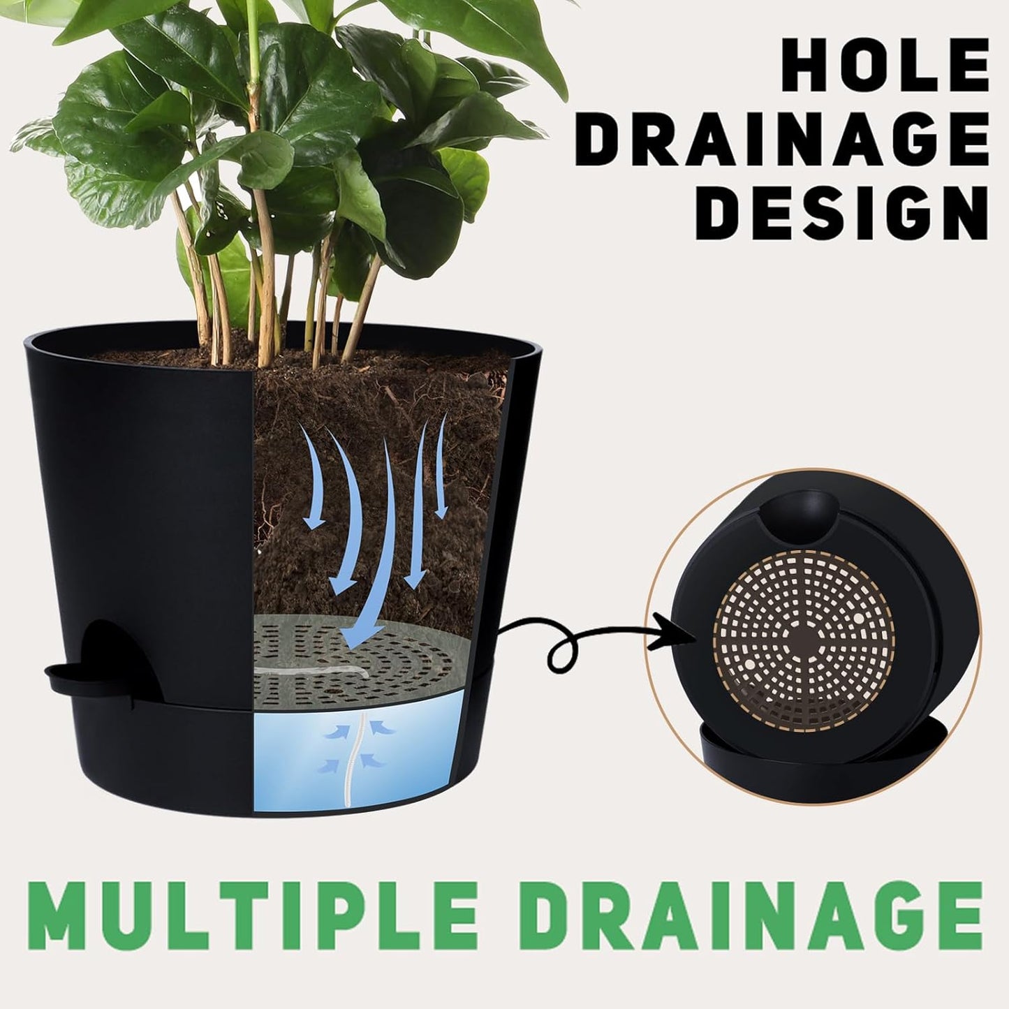 12 Inches Indoor Self Watering Planters with Drainage Holes and Saucers, 4 Pack (Black)