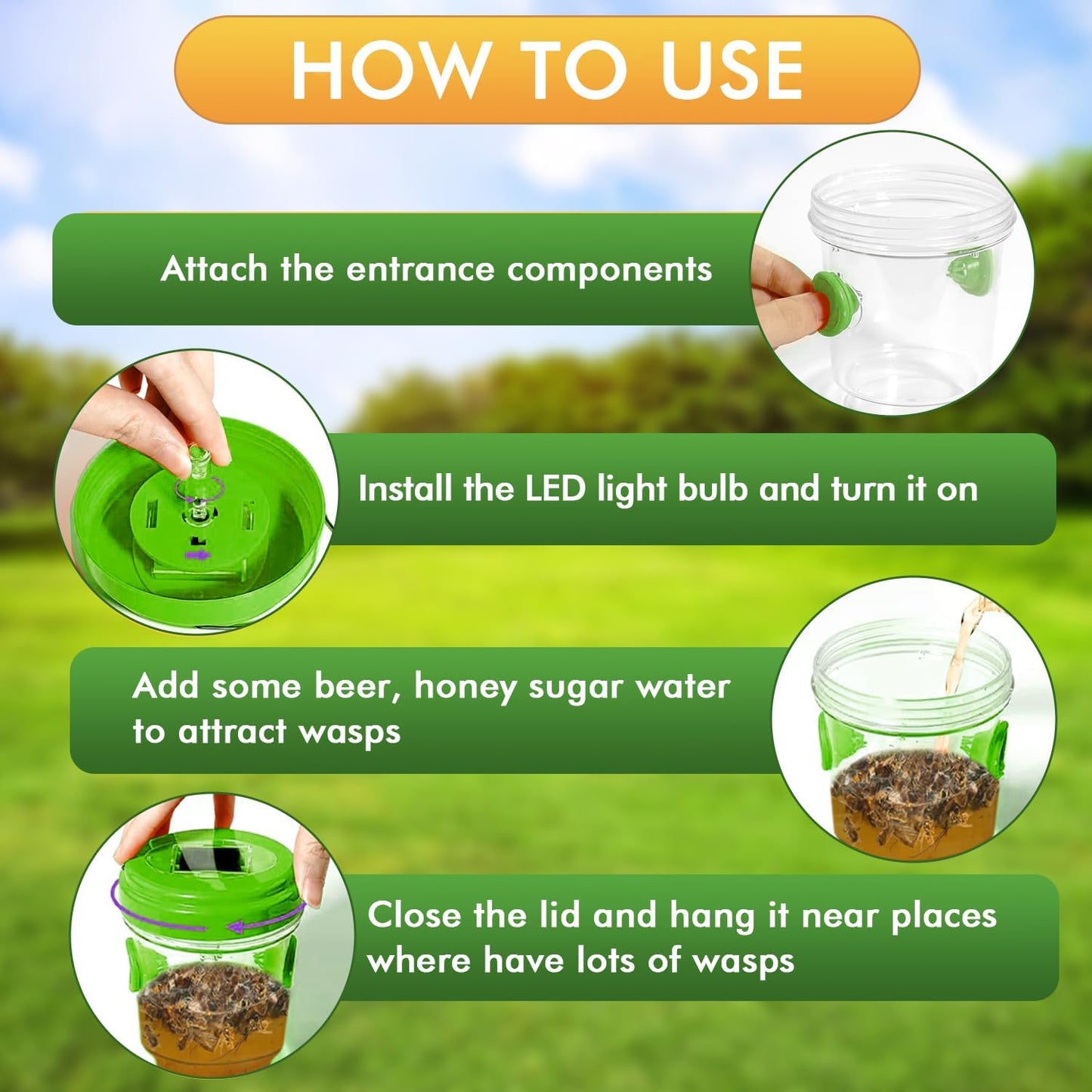 Wasp Traps for Hunting Wasps, Bees, Hornets, Insects, Yellow Jacket Traps, Wasp Trap Catcher, Reusable Solar Powered Hanging for Outdoor, 4 Packs