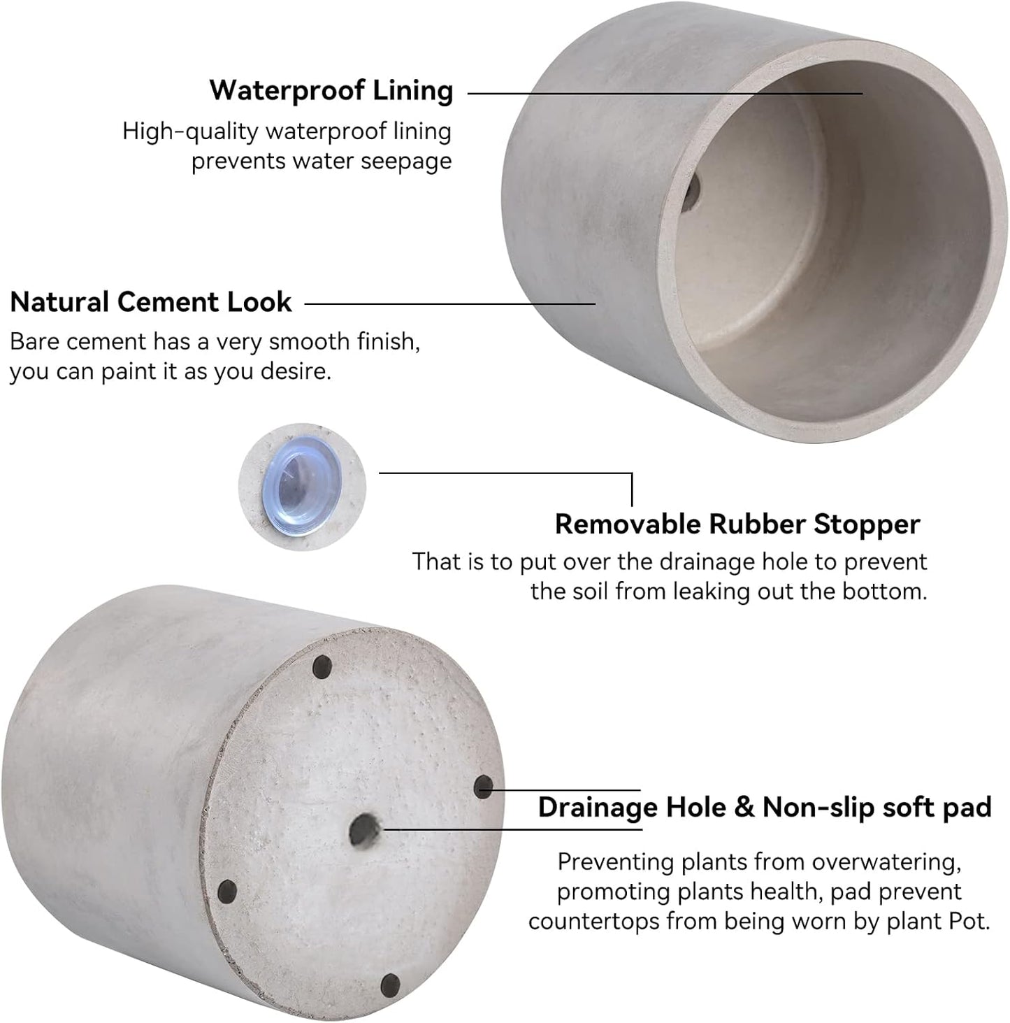 Ekirlin 3.5 in Plant Pot Indoor - Grey Cement Planters with Drain Hole, Removable Rubber Stopper, Non-Slip Soft Pad - Concrete Planter for Most Indoor Plants and Flowers