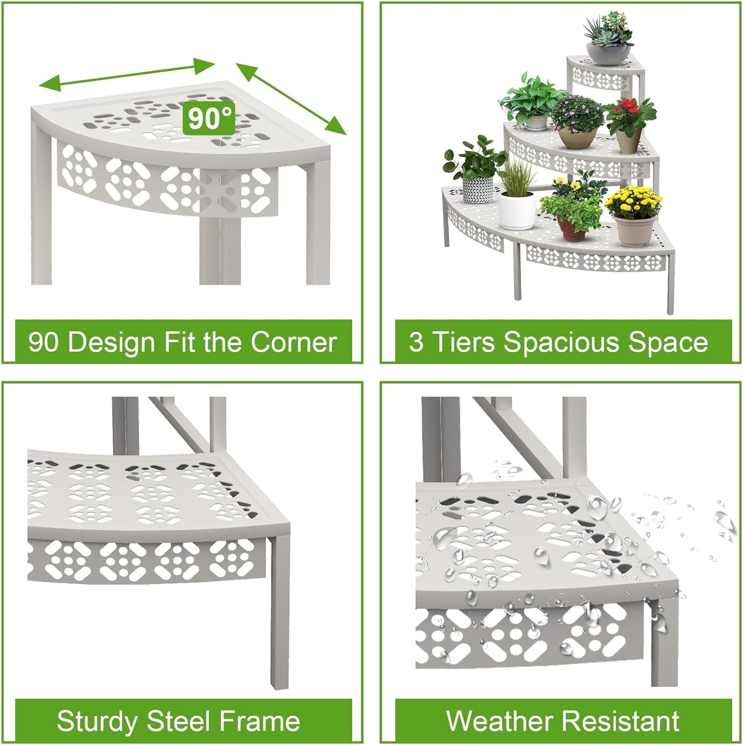 aboxoo 3 Tier Plant Stand Semi-Circular Flower Pot Organizer Rack Quarter Round Plant Display Holder Outdoor Storage Shelves Metal Corner Shelf Planter Shelving Ladder Plant Stand for Indoor