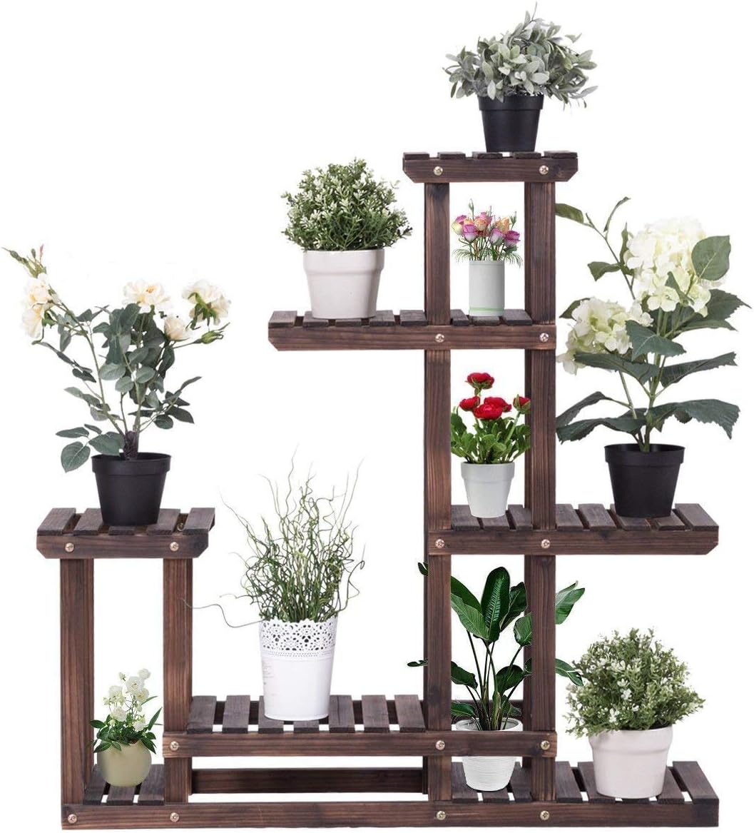 Giantex 6 Tier Wooden Plant Stand, 10 Pots Flower Display Rack, Vertical Shelves Plant Pot Holder, Multiple Tier Plant Succulent Bonsai Organizer Storage for Home Patio Balcony Garden