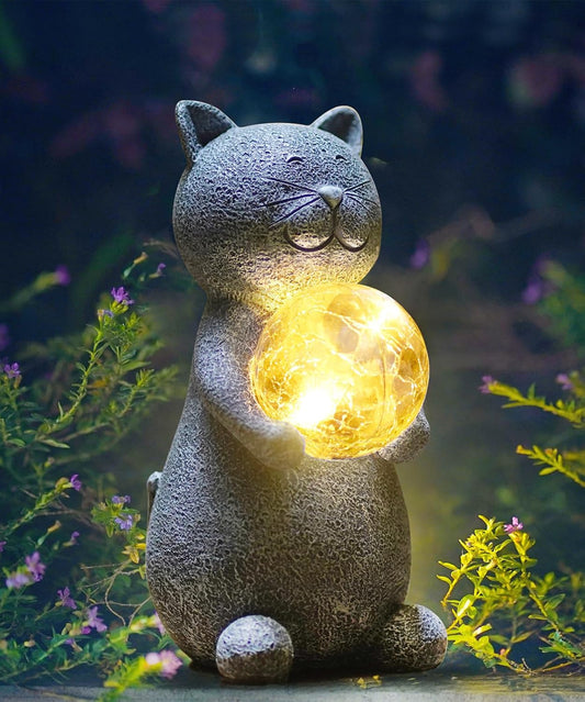 Solar Cat Statue Garden Decor - Cat Lover Gifts, with Gazing Solar LED Lights Ball Cats Decoration for Garden Yard Patio Lawn Balcony - Gifts for Mom Grandma (Gray)