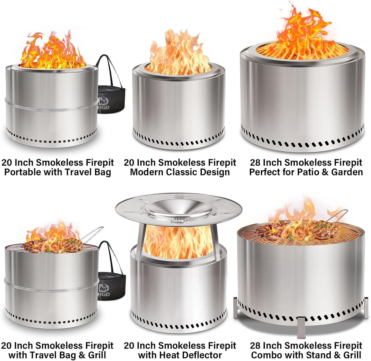 HGD 16 inch Smokeless Fire Pit for Outside, Stainless Steel Fire Pits, Smokeless FirePit Outdoor for Camping Backyard Patio Garden Picnic