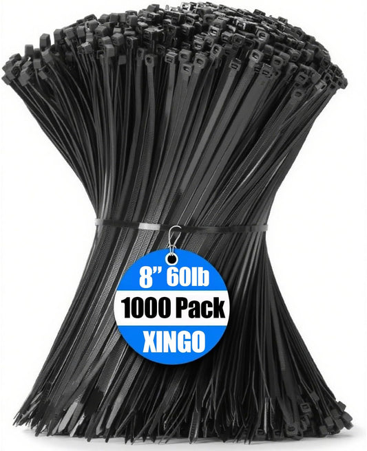 XINGO 1000 PCS Black Zip Ties 8 Inch, 60 LBS Tensile Strength, Self-Locking Nylon Plastic Nylon PA66 Wire Ties for Indoor and Outdoor Use