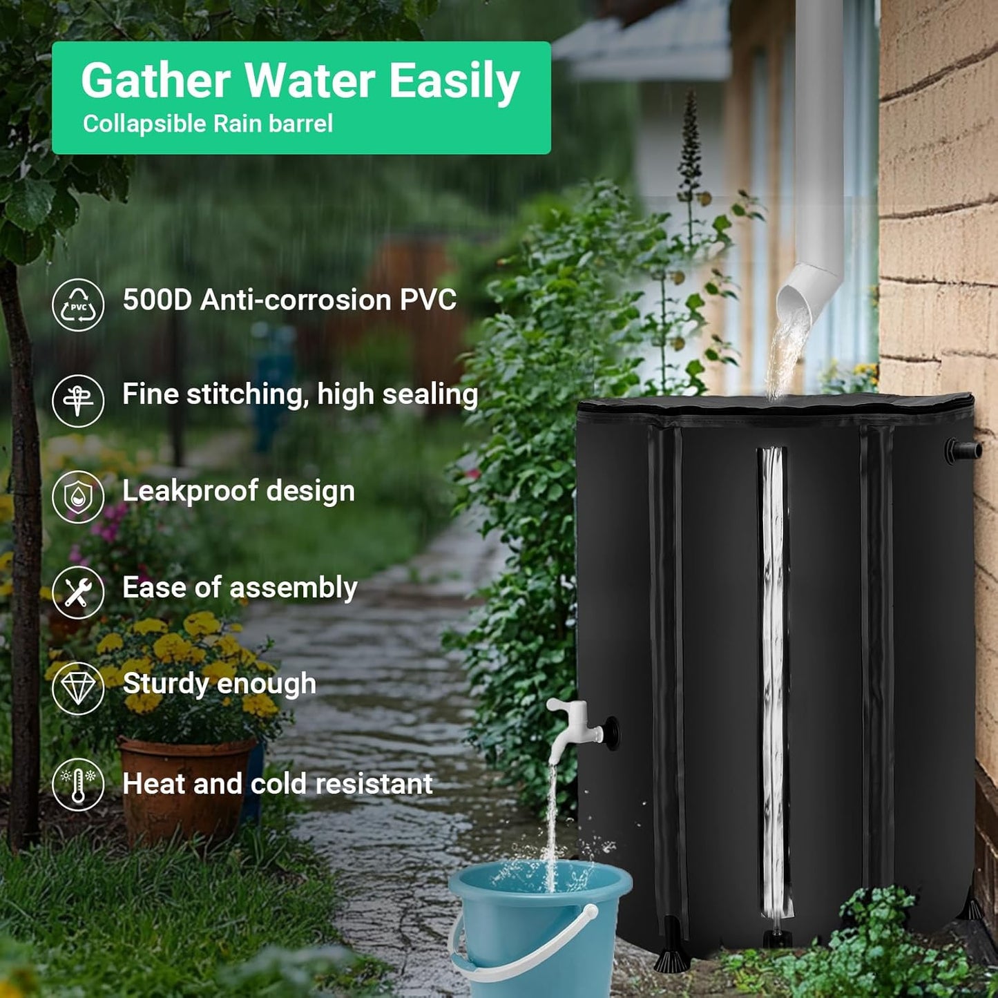 50 Gallon / 200L Collapsible Rain Barrel, Foldable PVC Rain Barrels to Collect Rainwater from Gutter, Portable Water Storage Tank Container with Hose Spigot, Water Catcher Collector Black