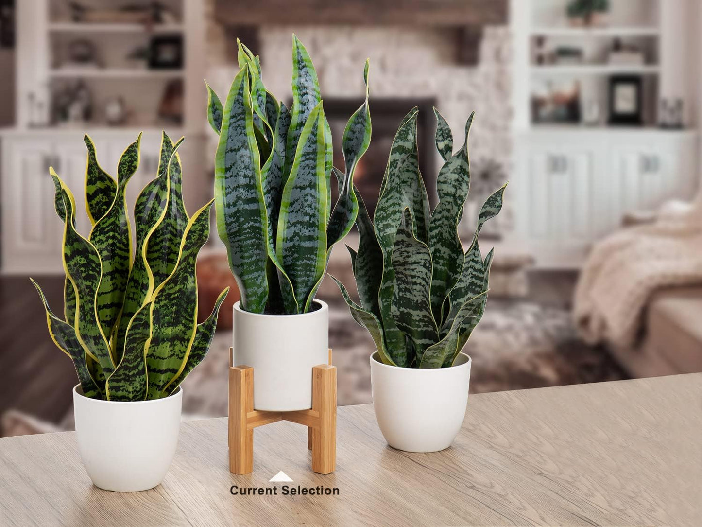 Hollyone Artificial Snake Plant Potted with Solid Wood Plant Stand, 19" Faux Sansevieria Tropical White Ceramic Pots Fake Plants for Home Office Indoor Decor Housewarming Gift