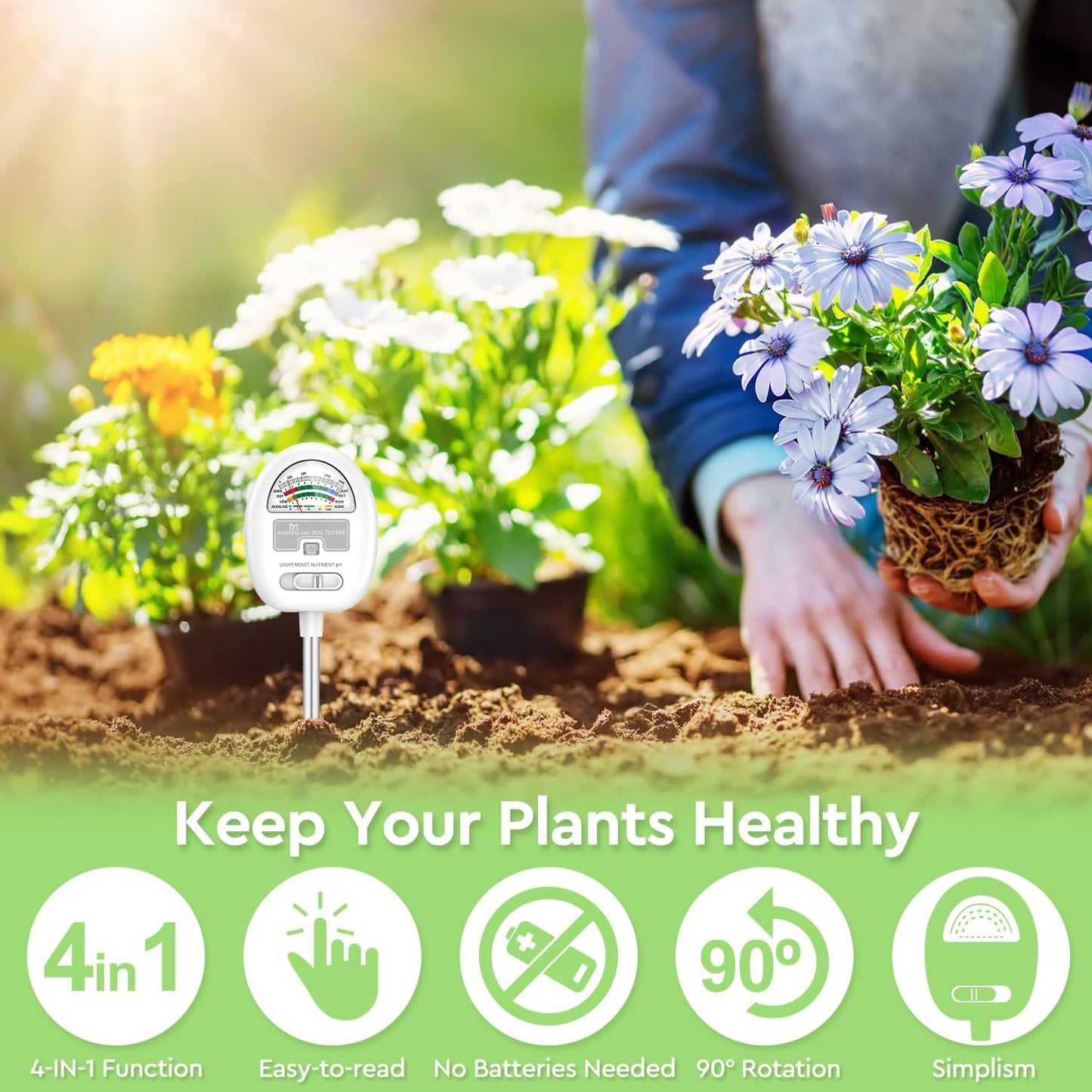 [Upgraded] Soil Moisture Meter, 4-in-1 Soil pH Tester, Moisture/Light/Nutrients/pH Meter for Gardening, Lawn, Farming, Indoor & Outdoor Plants Use, No Batteries Required, Gifts for Plants Lover