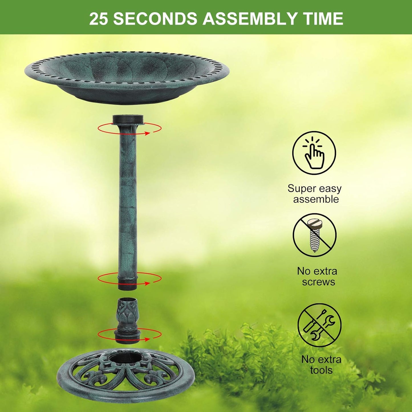 VINGLI 28 Inch Pedestal Bird Bath Solar Fountain Birdbaths with Steel Ground Anchors Weather Resistant Resin Antique Green Garden Decor for Outdoor Lightweight Courtyard…