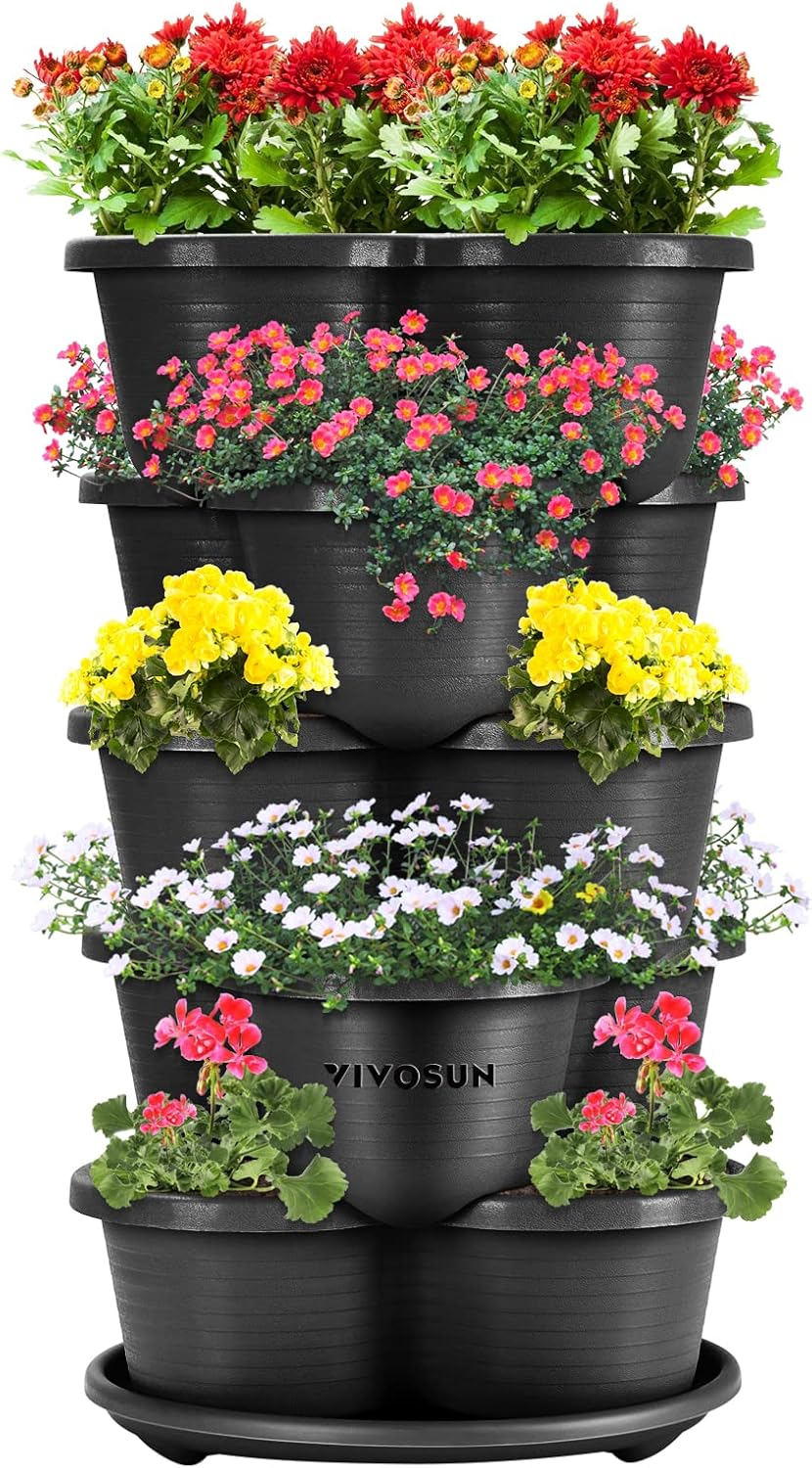 VIVOSUN 5 Tier Vertical Gardening Stackable Planter for Strawberries, Flowers, Herbs, Vegetables, Black