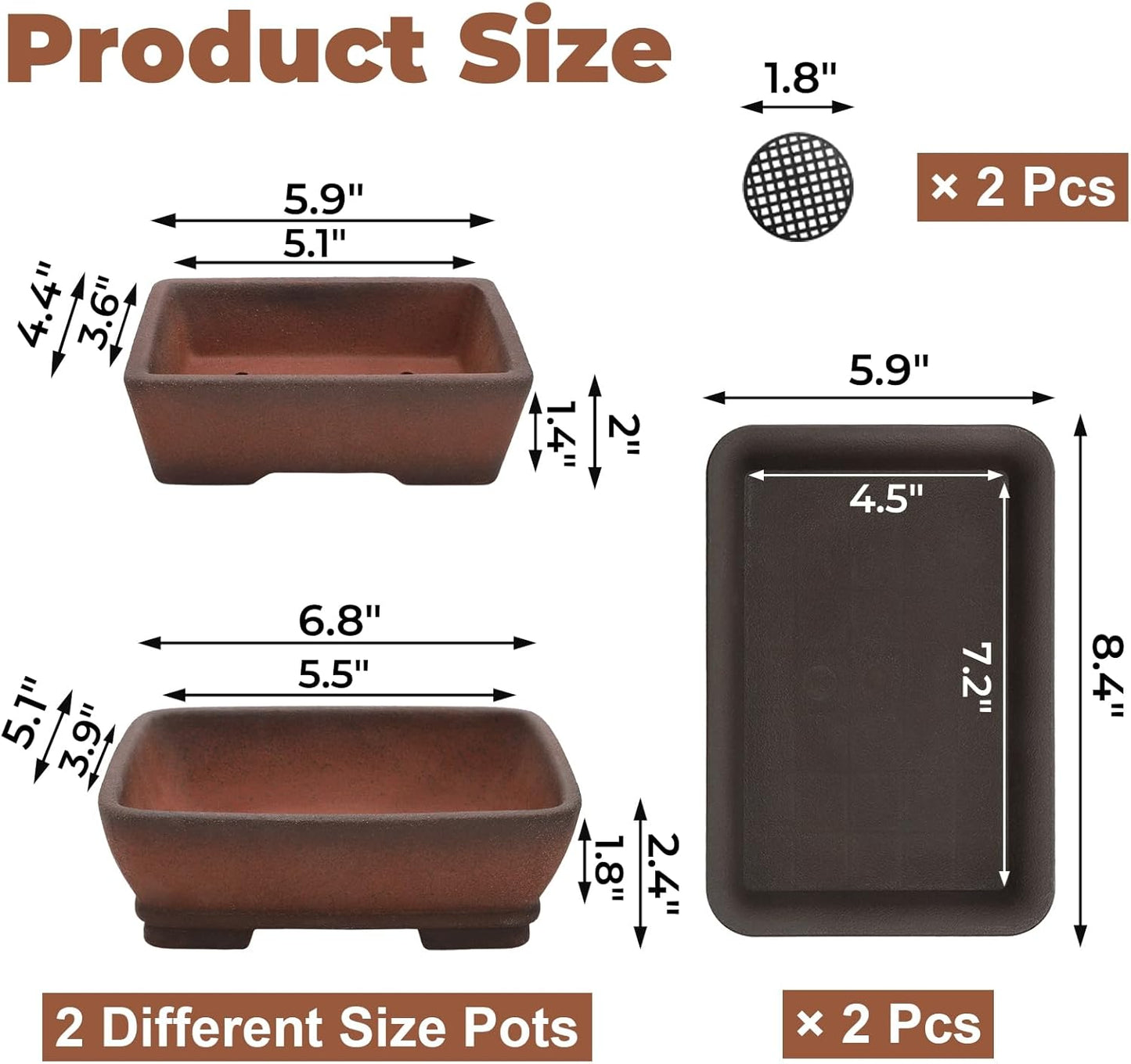 2 Pack Rectangle Bonsai Pots, 6" and 7" Bonsai Planter, Handmade Unglazed Ceramic Planters with 2 Match Humidity Trays 2 Drainage Mesh Pads, Bonsai Tree Training Kit for Garden Outdoor Indoor