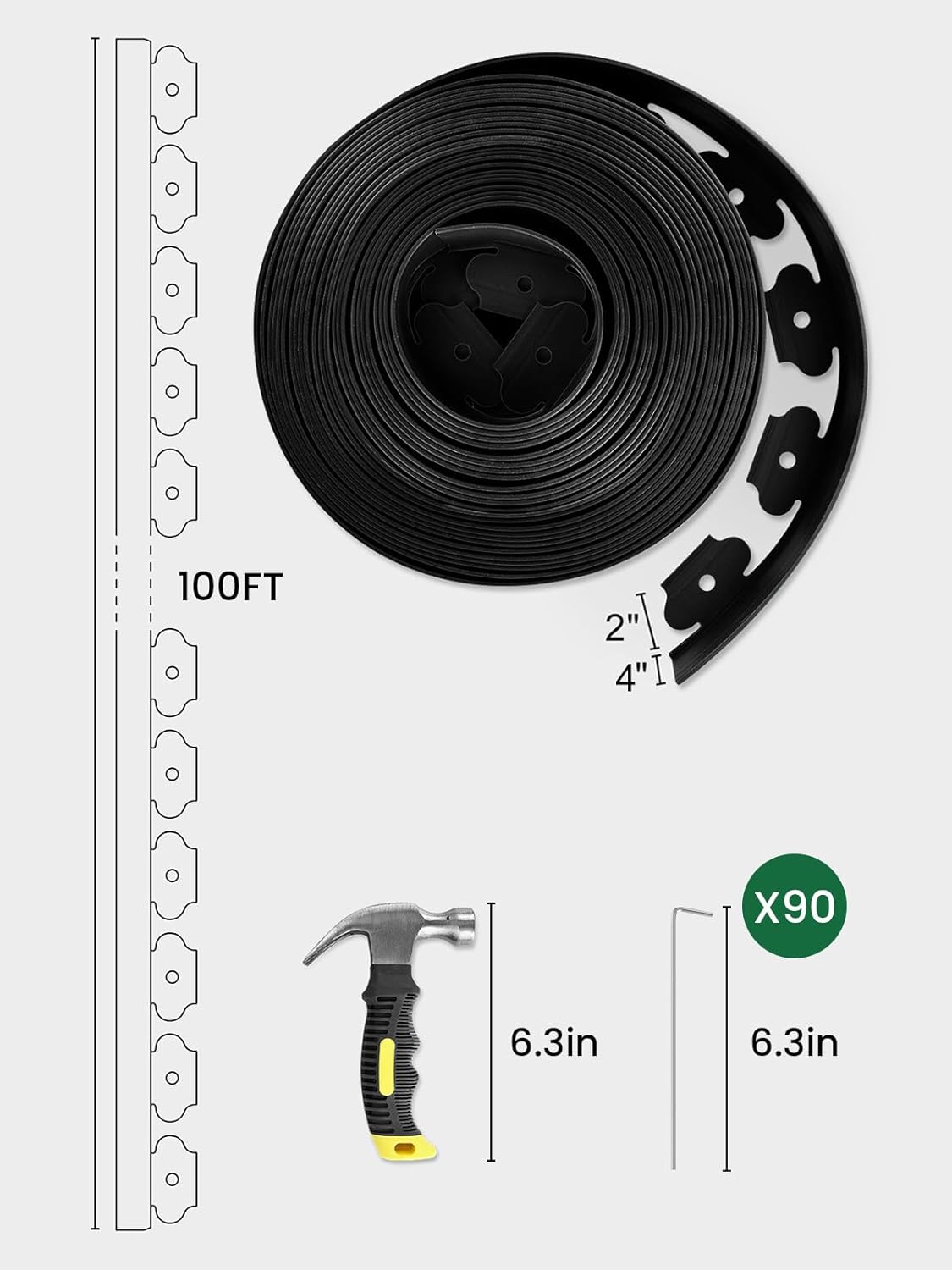 GROWNEER 100FT Landscape Edging Flexible 4 inch Tall Garden Border with 90pcs Galvanized Steel Anchoring Spikes and Hammer Lawn Edging Kit for Flower Bed, Pathway, Landscaping Project, Black