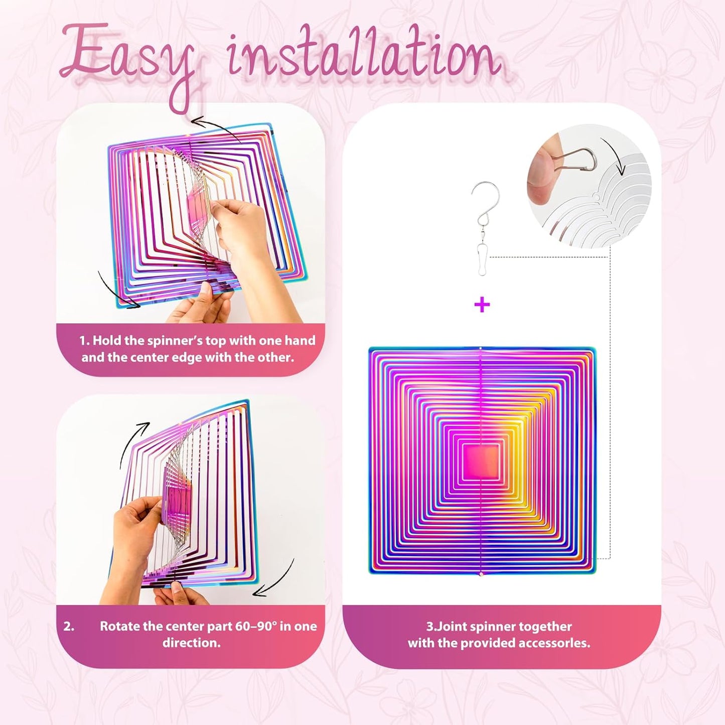 Wind Spinners Outdoor, 3D Maze, Square, Gradient Multicolor, 10 inches Stainless Steel Metal, Hanging Wind Spinners, Garden, Yard Décor, Outside, Gifts for Women Mom Wife