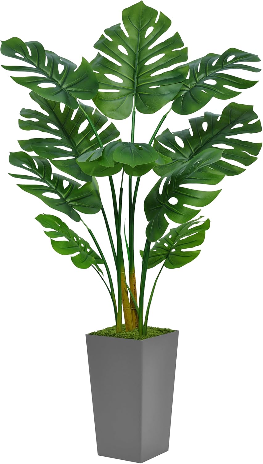 Artificial Monstera Deliciosa Plant 5FT - Faux Tropical Palm Tree with Gray Tall Planter - Fake Swiss Cheese Floor Plant Potted - Artificial Tree for Home Office Living Room Decor Indoor